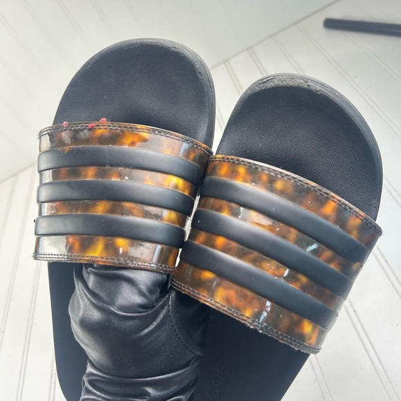 Adidas Adilette Comfort Black Tortoise Shell Pattern Women’s Slides Size 9 - Picture 10 of 11